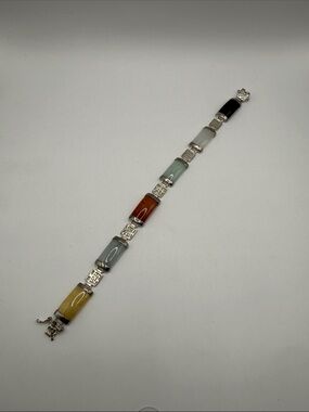 Vintage 1960’s Jadeite Multicolored Silver Chinese Jade Bangle Cuff Bracelet